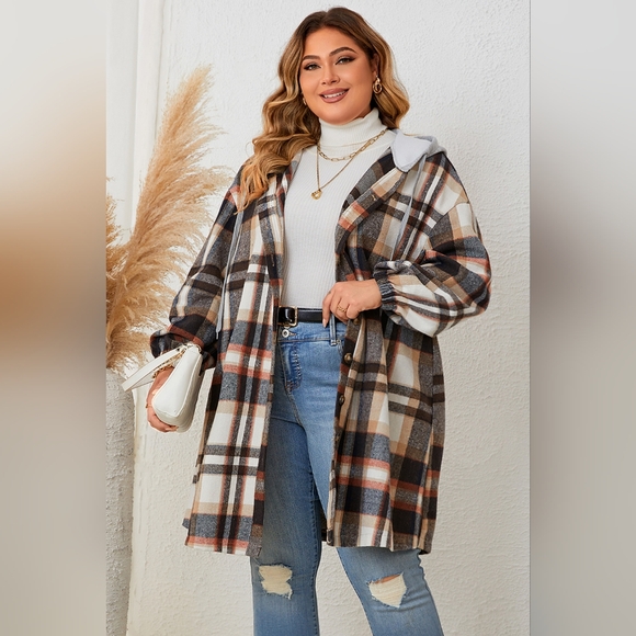 Honey Plus Size Plaid Drop Shoulder Hooded Coat - Picture 4 of 6